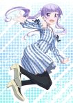  :d black_legwear black_ribbon dress floating_hair full_body hair_ornament high_heels long_hair looking_at_viewer new_game! open_mouth outstretched_arms pink_x pumps purple_eyes purple_hair ribbon smile solo striped suzukaze_aoba thighhighs twintails vertical-striped_dress vertical_stripes white_footwear 