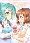  :d alternate_hairstyle apron aqua_hair bag bang_dream! bangs blue_apron blush brown_eyes brown_hair clenched_hand collared_shirt commentary_request dress gift_bag giving green_eyes hand_on_own_chest hazawa_tsugumi hikawa_sayo holding holding_bag multiple_girls open_mouth orange_dress ousawa_kanata pinafore_dress ponytail profile red_ribbon ribbon shirt sleeves_folded_up smile upper_body valentine white_shirt yellow_apron yuri 