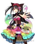  ;d animal_ears asymmetrical_hair black_capelet black_hair black_legwear black_wings breasts capelet cat_ears cleavage clock_eyes corset cowboy_shot date_a_live dress fang floating_hair flower ghost hair_flower hair_ornament halloween halloween_costume head_wreath heterochromia hibiki_mio jewelry long_hair medium_breasts multicolored multicolored_clothes multicolored_dress nail_polish one_eye_closed open_mouth pantyhose red_eyes red_flower red_nails ribbon-trimmed_sleeves ribbon_trim ring simple_background smile solo standing symbol-shaped_pupils tokisaki_kurumi transparent white_background wings yellow_eyes 