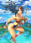  bare_shoulders bird black_hair boots bracer breasts cleavage cloud collarbone commentary_request day dc_comics eyebrows_visible_through_hair flying highres kotatsu_(g-rough) lasso leotard long_hair looking_at_viewer midair muscle muscular_female smile solo strapless strapless_leotard superhero thick_thighs thighs tiara wonder_woman wonder_woman_(series) 