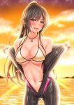  1girl :d bangs bikini bikini_top black_hair blush breasts cloud dog_tags eyebrows_visible_through_hair hair_between_eyes idolmaster idolmaster_shiny_colors image_sample large_breasts long_hair open_mouth ponytail shirase_sakuya shirouzu_myuuta sideboob smile solo sparkle sunset swimsuit twitter_sample underboob water wet wetsuit yellow_bikini yellow_bikini_top yellow_eyes 