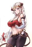  absurdres aliza_(granblue_fantasy) arm_wrap armband bare_shoulders belt blush bolobolo bow breasts cleavage collarbone commentary_request crop_top draph earrings eyebrows_visible_through_hair granblue_fantasy hair_bow hair_pulled_back headpiece highres hips horns jewelry large_breasts long_hair looking_at_viewer midriff navel pointy_ears red_eyes sidelocks silver_hair simple_background smile solo white_background 