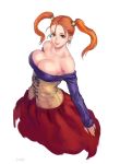  bangs bare_shoulders breasts brown_eyes cleavage collarbone commentary_request corset dragon_quest dragon_quest_viii dress earrings jessica_albert jewelry large_breasts long_hair long_sleeves looking_at_viewer open_mouth orange_hair shu-mai signature simple_background skirt smile solo strapless strapless_dress twintails white_background 