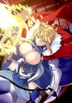  absurdres ahoge armor artoria_pendragon_(all) artoria_pendragon_(lancer) baicha bangs blonde_hair blush braid breasts cape cleavage closed_mouth commentary_request crown fate/grand_order fate_(series) french_braid fur-trimmed_cape fur_trim gauntlets green_eyes hair_between_eyes highres lance large_breasts looking_at_viewer polearm red_cape rhongomyniad sidelocks swept_bangs weapon 