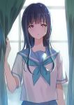  bangs black_hair blue_neckwear blue_skirt blush commentary_request curtain_grab curtains day fingernails half-closed_eyes hand_up hibike!_euphonium irua liz_to_aoi_tori long_hair looking_at_viewer neckerchief parted_lips pleated_skirt purple_eyes school_uniform serafuku shirt short_sleeves sidelocks skirt solo sunlight white_shirt window yoroizuka_mizore 