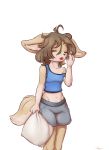  2018 alasou anthro brown_hair brown_nose canine clothed clothing digital_media_(artwork) eyes_closed female fox hair mammal midriff navel open_mouth simple_background solo standing teeth tongue 