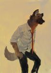  aggressive_retsuko anthro clothed clothing fur haida hyena looking_at_viewer male mammal necktie racoonwolf sanrio simple_background solo 