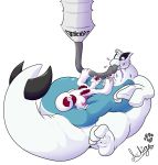 2017 3_toes 4_fingers achiga alpha_channel ambiguous_gender animal_humanoid anthro belly big_belly digital_drawing_(artwork) digital_media_(artwork) duo featureless_crotch food force_feeding forced fur gelatin hi_res humanoid legendary_pok&eacute;mon lugia mammal nintendo nude overweight pok&eacute;mon pok&eacute;mon_(species) simple_background toes transparent_background video_games weight_gain white_fur wings 