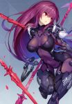  2d absurdres adapted_costume armor bangs blush bodysuit boots breasts covered_navel eyebrows_visible_through_hair fate/grand_order fate_(series) gauntlets highres holding huge_filesize large_breasts long_hair looking_to_the_side metal_boots page_number parted_lips polearm purple_bodysuit purple_hair red_eyes scan scathach_(fate)_(all) scathach_(fate/grand_order) simple_background solo standing thigh_gap thighhighs turtleneck very_long_hair weapon 