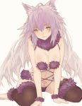  agrius_metamorphosis animal_ears atalanta_(alter)_(fate) atalanta_(fate) between_legs black_legwear breasts cameltoe choker dangerous_beast eyebrows_visible_through_hair fate/grand_order fate_(series) floating_hair fox_ears fur_trim green_eyes hair_between_eyes hand_between_legs highres kirikiri large_breasts long_hair midriff navel panties parted_lips pink_hair purple_panties shiny shiny_skin simple_background sitting smile solo stomach tattoo thighhighs underwear very_long_hair white_background wrist_cuffs 