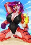  2018 5_fingers anthro beach beverage big_breasts black_nose breasts butt_from_front cleavage clothed clothing darya_(ravencrafte) day digital_media_(artwork) fangs feline female front_view fur glass green_eyes hair kneeling lemon mammal mr._mist muscular muscular_female nipples one-piece_swimsuit open_mouth orange_fur outside pink_hair seaside sharp_teeth sky solo straw stripes swimsuit teeth tiger tongue white_fur 