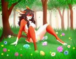  2018 black_hair brown_fur draco-canine easter egg female flower forest fur hair holidays lagomorph mammal markings moko moko_(moko_quinn) oviposition plant rabbit red_eyes solo tree 