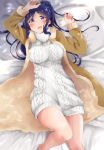  alternate_costume aran_sweater bed_sheet blush breasts dress from_above highres kawa_nen large_breasts long_hair long_sleeves looking_at_viewer love_live! love_live!_sunshine!! lying matsuura_kanan on_back on_bed open_mouth ponytail purple_eyes solo sweater sweater_dress 