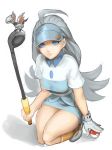  ahoge blue_eyes blue_hat breasts collared_shirt elite_four gen_2_pokemon gloves golf_club hat highres holding kahili_(pokemon) kneeling kumiko_shiba long_hair medium_breasts mole mole_under_eye poke_ball pokemon pokemon_(game) pokemon_sm shirt short_sleeves silver_hair skarmory skirt solo thighs visor_cap 