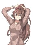  breasts brown_eyes brown_hair brown_sweater collarbone eyebrows_visible_through_hair hair_between_eyes hair_intakes highres kantai_collection long_hair long_sleeves looking_at_viewer medium_breasts negahami ponytail ribbed_sweater simple_background smile solo sweater tying_hair upper_body very_long_hair white_background wristband yamato_(kantai_collection) 