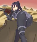  1girl ass assault_rifle black_hair blue_eyes bodysuit breasts facial_mark from_behind gun half-closed_eyes jigenbol7 leaning leaning_forward long_hair looking_at_viewer pitohui_(sao) ponytail rifle sword_art_online sword_art_online_alternative:_gun_gale_online weapon 