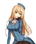  atago_(kantai_collection) black_gloves black_legwear blonde_hair blue_hat blush breasts eyebrows_visible_through_hair ghound gloves hat highres kantai_collection large_breasts long_hair long_sleeves looking_at_viewer pantyhose parted_lips simple_background smile solo upper_body white_background 