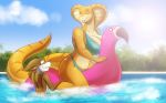  beach big_breasts bikini breasts brown_fur chipmunk clothed clothing duo eyes_closed female fluffy fur grin inflatable_toy king_cobra long_tail male mammal naga pool_(disambiguation) reptile robthehoopedchipmunk rodent scalie seaside smile snake spandex swimsuit teeth thick_thighs tight_clothing topless water yellow_eyes yellow_skin 