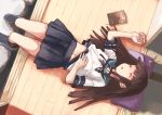  bangs belly_peek black_hair black_legwear blunt_bangs book hand_on_own_stomach hatsuyuki_(kantai_collection) hime_cut kantai_collection long_hair lying matsutani navel neckerchief open_mouth pillow pleated_skirt school_uniform serafuku skirt sleeping socks solo tatami 