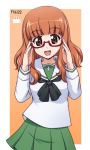  bangs birthday_cake brown_eyes cake dated food girls_und_panzer glasses goriate light_brown_hair ooarai_school_uniform open_mouth pleated_skirt school_uniform semi-rimless_eyewear serafuku skirt smile solo takebe_saori under-rim_eyewear upper_body 