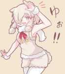  adapted_costume alpaca_ears alpaca_suri_(kemono_friends) alpaca_tail animal_ears bare_shoulders commentary eyebrows_visible_through_hair fur_collar fur_trim hair_over_one_eye hair_ribbon kemono_friends mahe_(hammerdskd) multi-tied_hair neck_ribbon pantyhose ribbon short_hair shorts sidelocks sleeve_cuffs solo tail translation_request tress_ribbon vest white_hair 