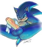  2018 anthro balls blue_fur clothing erection fur gloves green_eyes grin half-closed_eyes hedgehog lying male mammal masturbation on_back penile_masturbation penis perineum presenting presenting_penis signature simple_background smile smug soina solo sonic_(series) sonic_the_hedgehog spread_legs spreading uncut vein 