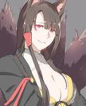  akagi_(azur_lane) animal_ears azur_lane bangs black_hair black_kimono blunt_bangs breasts cleavage commentary facial_mark fox_ears fox_tail japanese_clothes kikumon kimono kurozu_(hckr_96) large_breasts lipstick long_hair looking_at_viewer makeup multiple_tails parted_lips red_eyes solo tail upper_body 