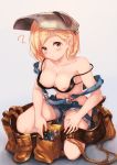  ? absurdres alternate_costume ankle_boots ass_visible_through_thighs bare_arms bare_shoulders belt belt_pouch bikini black_bra black_panties blonde_hair blush boots bra breasts breasts_outside brown_eyes brown_footwear chain cleavage closed_mouth collarbone commentary_request djeeta_(granblue_fantasy) eyebrows_visible_through_hair eyelashes fingernails full_body gradient gradient_background granblue_fantasy head_tilt highleg highleg_bikini highres kneeling long_fingernails looking_at_viewer mask mask_on_head mechanic_(granblue_fantasy) medium_breasts navel nipples overalls panties pouch screwdriver short_hair solo squatting stomach strap_slip suspenders swimsuit thighs tool_belt tools underwear wakaba_(945599620) welding_mask wrench yellow_eyes 