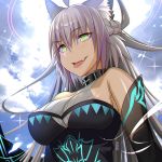  :d agrius_metamorphosis animal_ears atalanta_(alter)_(fate) atalanta_(fate) bangs bare_shoulders blue_sky blush braid breasts bright_pupils cat_ears diamond-shaped_pupils fate/grand_order fate_(series) french_braid green_eyes grey_hair hair_between_eyes halterneck large_breasts long_hair open_mouth photo_background raised_eyebrow rangsiwut_sangwatsharakul see-through single_braid sky smile solo sparkle straight_hair symbol-shaped_pupils tongue tongue_out upper_body white_pupils 