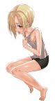  bare_shoulders barefoot bike_shorts blonde_hair blush brown_eyes collarbone commentary_request ear_piercing earrings full_body gengorou hair_over_one_eye idolmaster idolmaster_cinderella_girls jewelry open_mouth piercing shirasaka_koume short_hair short_shorts shorts simple_background sitting solo sweat tank_top tongue tongue_out 