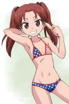  american_flag_bikini bikini brown_eyes brown_hair collarbone flag_print flat_chest girls_und_panzer goriate grin groin hand_behind_head kadotani_anzu navel smile solo swimsuit twintails twitter_username 