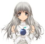  apple bangs bare_shoulders blue_apple braid closed_mouth detached_sleeves dress food fruit gloves grey_eyes grey_hair holding holding_food holding_fruit long_hair long_sleeves looking_at_viewer misteor original solo tied_hair white_background white_dress white_gloves 