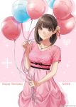  anegasaki_nene balloon brown_eyes brown_hair commentary dress happy_birthday highres jewelry love_plus medium_hair mino_tarou mole mole_under_eye necklace official_art pink_dress smile solo 