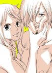  1boy 1girl blue_eyes breasts cleavage goatee large_breasts looking_at_viewer nami_(one_piece) one_piece sanji smile sunglasses 