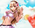  alternate_costume bare_shoulders blonde_hair blurry blush bracelet breasts brown_hair commentary english_commentary esther eyebrows_visible_through_hair female_my_unit_(fire_emblem_if) fire_emblem fire_emblem:_kakusei fire_emblem_heroes fire_emblem_if flower hair_between_eyes hair_flower hair_ornament hairband jewelry large_breasts long_hair looking_at_viewer medium_breasts my_unit_(fire_emblem_if) navel open_mouth red_eyes shiny shiny_hair solo swimsuit upper_body 