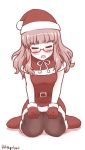  blush closed_eyes full_body girls_und_panzer gloves goriate hat highres open_mouth pantyhose red_gloves santa_costume santa_hat seiza semi-rimless_eyewear sitting takebe_saori twitter_username under-rim_eyewear 