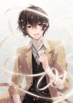  bandaged_arm bandaged_neck bandages bangs black_hair brown_coat brown_eyes bungou_stray_dogs coat commentary_request dazai_osamu_(bungou_stray_dogs) flower gradient gradient_background grey_background hair_between_eyes hand_up holding holding_flower looking_at_viewer male_focus messy_hair petals pink_flower sleeves_folded_up smile solo upper_body uzuki_eri waistcoat wing_collar 