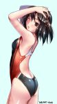  artist_name ass black_hair black_swimsuit blue_background breasts brown_eyes butt_crack competition_swimsuit cowboy_shot dated from_behind hair_ornament hands_on_own_head highres kantai_collection one-piece_swimsuit remodel_(kantai_collection) sendai_(kantai_collection) short_hair simple_background small_breasts solo standing swimsuit tsuchimiya two_side_up wet wet_clothes wet_hair wet_swimsuit 