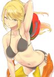  arched_back arm_up armor armpits bare_arms bent_over bikini black_bikini blonde_hair blue_eyes breasts breasts_apart butt_crack closed_mouth commentary cowboy_shot hair_between_eyes hand_behind_head helmet highres legs_apart long_hair looking_at_viewer medium_breasts metroid mole mole_under_mouth navel nukkoru ponytail power_armor samus_aran shiny shiny_hair side-tie_bikini simple_background solo standing swimsuit undressing white_background 