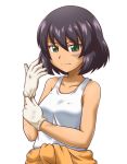  adjusting_clothes adjusting_gloves black_hair breasts clothes_around_waist collarbone dirty girls_und_panzer gloves goriate green_eyes highres hoshino_(girls_und_panzer) jacket_around_waist medium_breasts smile solo tan tank_top white_background white_gloves 