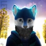  anthro blue_eyes blue_fur canine clothing fox fur jacket letodoesart male mammal realistic scarf solo tree whiskers white_fur 