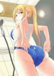  adjusting_clothes adjusting_swimsuit agarwood ass back_cutout blonde_hair blush breasts competition_swimsuit from_below indoors jpeg_artifacts long_hair looking_at_viewer looking_back one-piece_swimsuit original ponytail shower_(place) shower_head showering solo standing swimsuit thighs wet yellow_eyes 