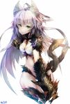  agrius_metamorphosis animal_ears atalanta_(alter)_(fate) atalanta_(fate) bangs belt belt_buckle belt_collar black_belt black_gloves black_panties braid breasts buckle cat_ears cat_tail cleavage closed_mouth elbow_gloves eyebrows eyebrows_visible_through_hair fate/grand_order fate_(series) french_braid frown gloves gradient_hair green_eyes hair_between_eyes highres long_hair medium_breasts midriff multicolored_hair multiple_tails nekodayo22 panties purple_hair silver_hair simple_background single_braid solo tail tail_raised two-tone_hair two_tails underwear very_long_hair white_background 