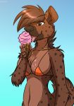  2018 amber_eyes anthro bikini breasts brown_hair clothing dessert female food fur hair hyena ice_cream licking mammal ruth66 simple_background solo spots spotted_fur swimsuit tongue tongue_out 