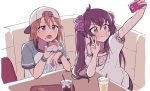  animal_print backwards_hat booth brown_eyes brown_hair cellphone comet_oo commentary_request cup disposable_cup drink drinking_straw eating fast_food flat_color food food_on_face hair_through_headwear hamburger hat holding holding_cellphone holding_food holding_phone ice ice_cube idolmaster idolmaster_cinderella_girls korean_commentary leopard_print matoba_risa multiple_girls muted_color open_mouth orange_hair peaked_cap phone self_shot short_sleeves sitting smartphone smartphone_case smile table tomboy tray twintails v-shaped_eyebrows w wrapper wristband yellow_eyes yuuki_haru 