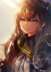  armband bangs black_ribbon brown_hair closed_mouth commentary_request crossed_bangs evening girls_frontline hair_between_eyes hair_ornament highres jacket light_particles long_hair looking_at_viewer neck_ribbon nekojita_(ika_neko46) one_side_up protected_link ribbon scar scar_across_eye scarf shirt sidelocks signature smoke_trail sunlight ump45_(girls_frontline) white_shirt yellow_eyes 
