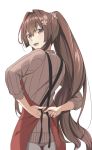  alternate_costume apron arms_behind_back ass breasts brown_eyes brown_hair brown_sweater cowboy_shot flower from_behind grey_pants hair_flower hair_intakes hair_ornament highres kantai_collection large_breasts long_hair long_sleeves looking_at_viewer negahami open_mouth pants ponytail ribbed_sweater sidelocks simple_background solo sweater tying_apron very_long_hair white_background yamato_(kantai_collection) 