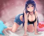 all_fours alternate_costume bare_shoulders barefoot bed blush breasts cleavage collarbone hair_down hanging_breasts highres kawa_nen large_breasts long_hair looking_at_viewer love_live! love_live!_sunshine!! matsuura_kanan on_bed open_mouth pillow purple_eyes shiny shiny_hair shiny_skin sleeveless solo tank_top yes yes-no_pillow 