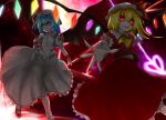  aizettonagi bat_wings blonde_hair blue_hair bracelet commentary_request dress fang flandre_scarlet floating glowing glowing_eyes jewelry looking_at_viewer looking_down moon multiple_girls night night_sky outstretched_arm pale_skin reaching_out red_eyes red_moon remilia_scarlet short_hair sky smile touhou white_dress wings 
