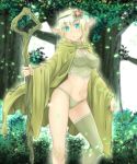  :o blonde_hair blue_eyes breasts bustier cape cleavage cloak commentary_request covered_nipples elf eyebrows_visible_through_hair fantasy flower green_cloak green_panties hair_flower hair_ornament highres hood hooded_cloak kuroi_neko_(gundam00o) looking_at_viewer medium_breasts navel original outdoors panties pointy_ears short_hair single_thighhigh solo staff thighhighs tree underwear wreath 